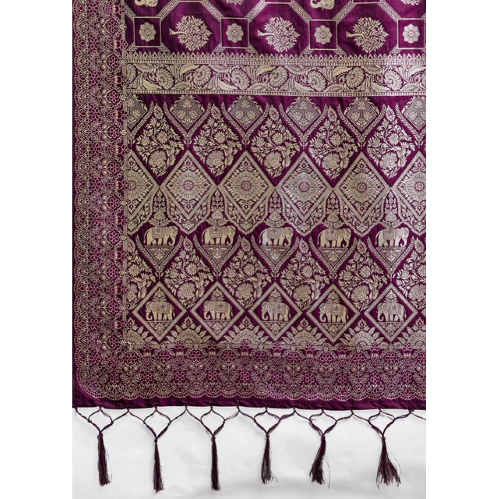 Women's Wine Silk Blend Printed Saree with Unstitched Blouse – 5.5 Mtr