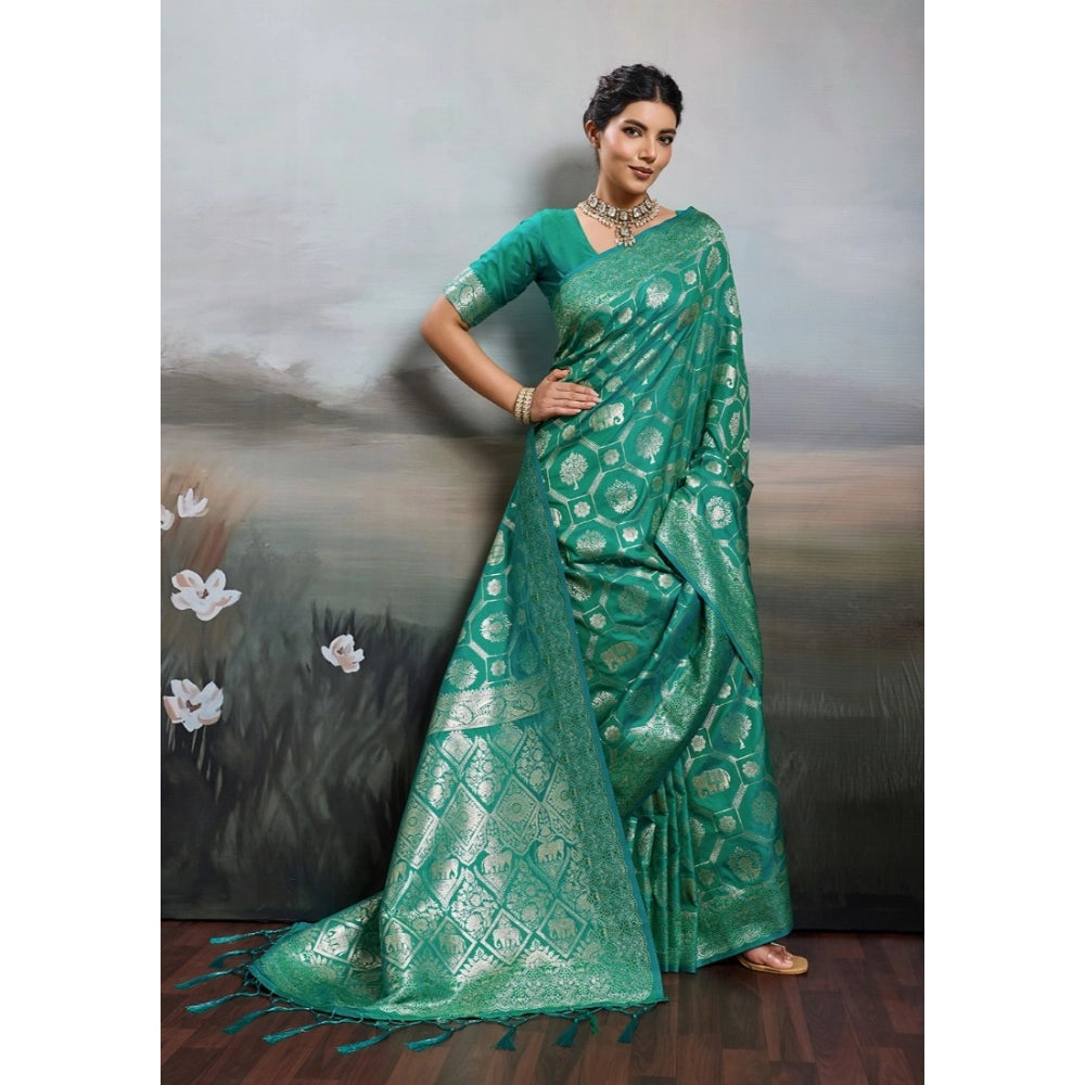 Women's Rama Green Silk Blend Printed Saree with Unstitched Blouse – 5.5 Mtr