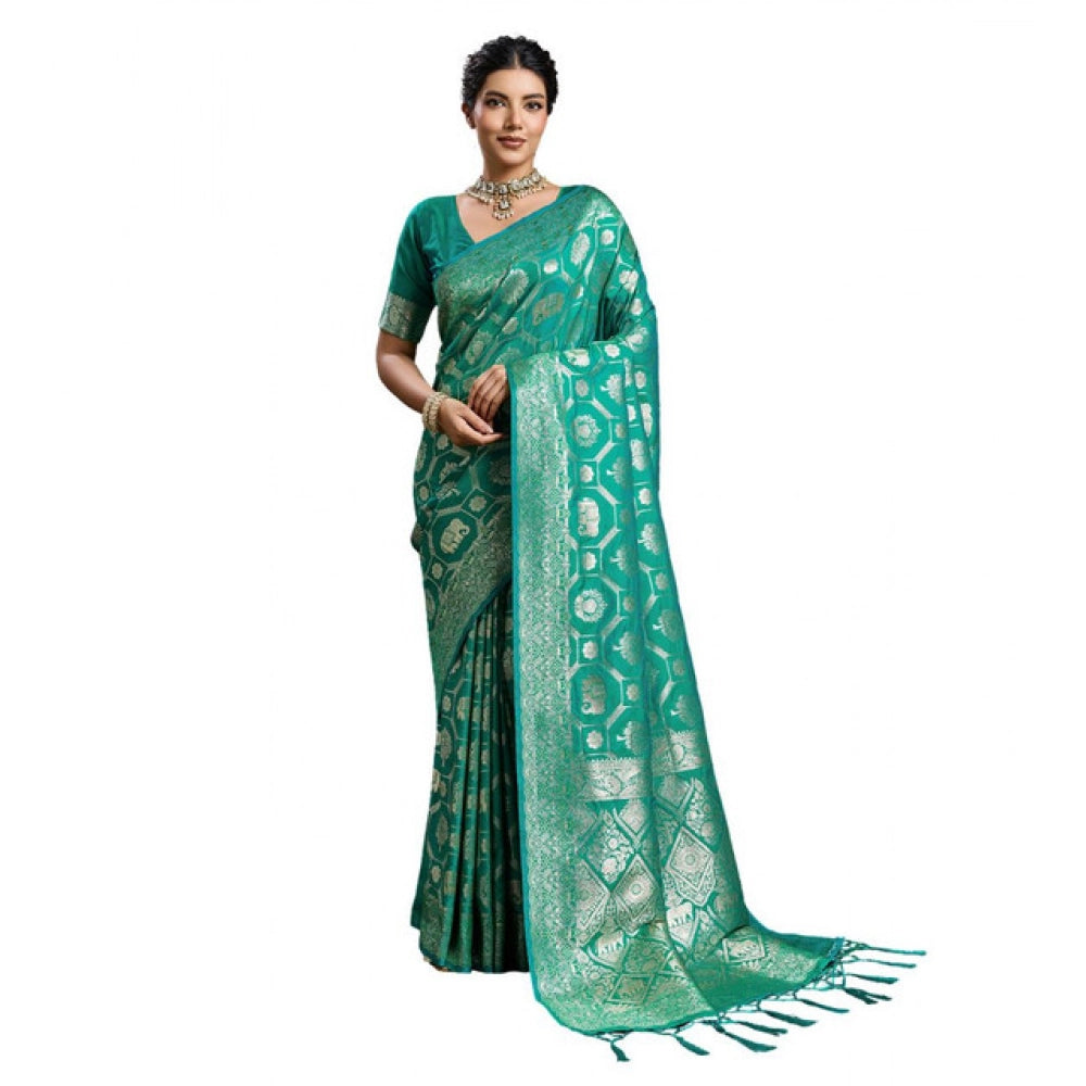 Women's Rama Green Silk Blend Printed Saree with Unstitched Blouse – 5.5 Mtr