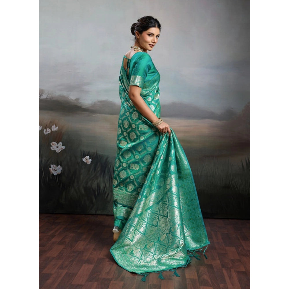 Women's Rama Green Silk Blend Printed Saree with Unstitched Blouse – 5.5 Mtr