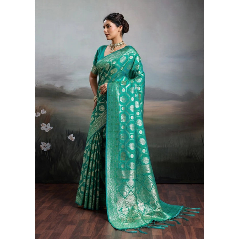 Women's Rama Green Silk Blend Printed Saree with Unstitched Blouse – 5.5 Mtr