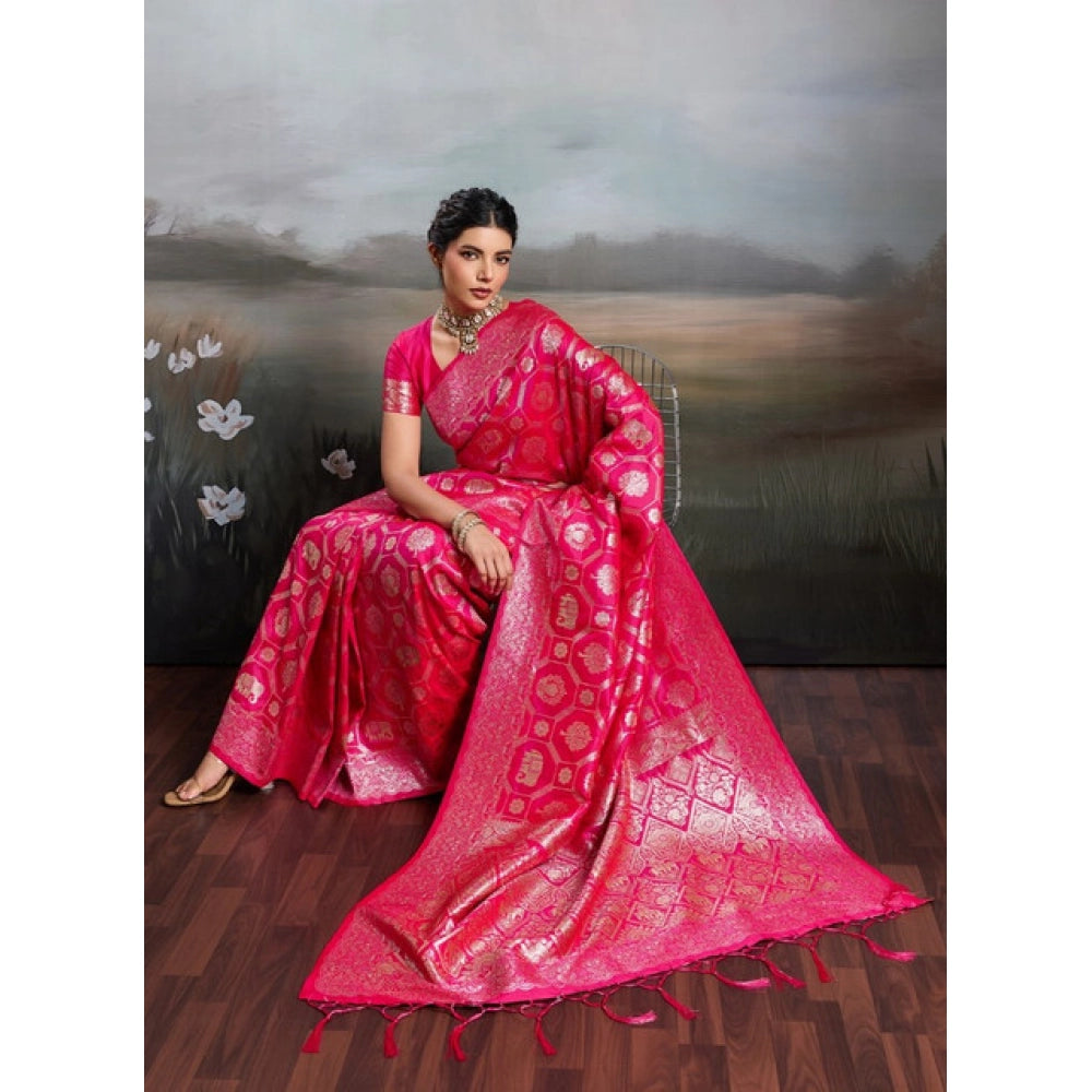 Women's Pink Silk Blend Printed Saree with Unstitched Blouse – 5.5 Mtr