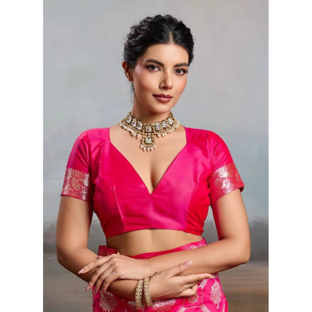 Women's Pink Silk Blend Printed Saree with Unstitched Blouse – 5.5 Mtr