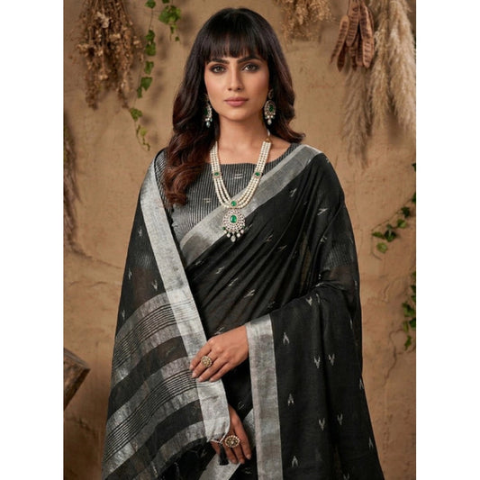 Women's Black Linen Cotton Printed Saree With Unstitched Blouse – 5.5 Mtr