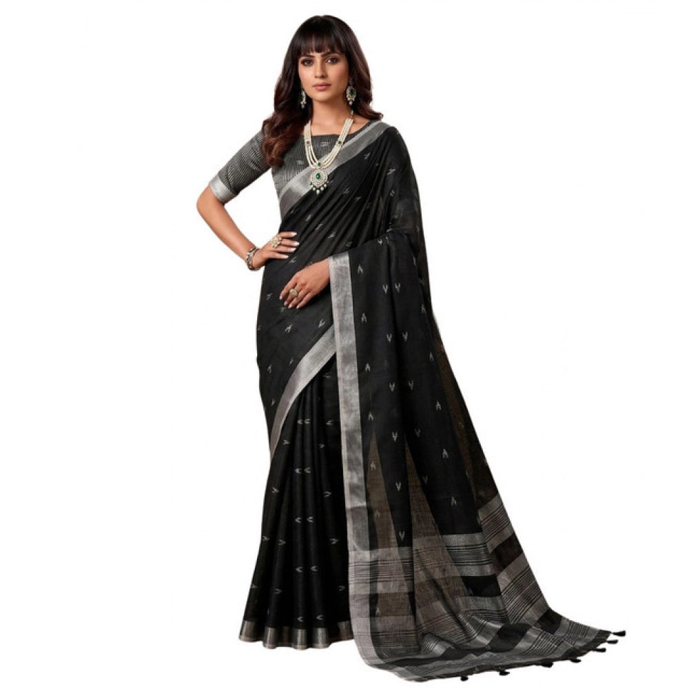 Women's Black Linen Cotton Printed Saree With Unstitched Blouse – 5.5 Mtr