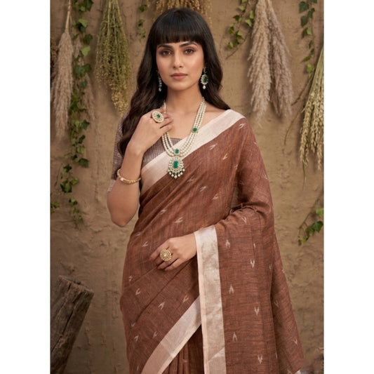 Women's Brown Linen Cotton Printed Saree With Unstitched Blouse – 5.5 Mtr