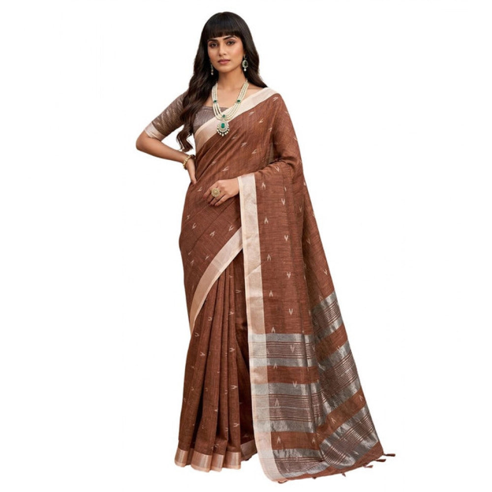 Women's Brown Linen Cotton Printed Saree With Unstitched Blouse – 5.5 Mtr