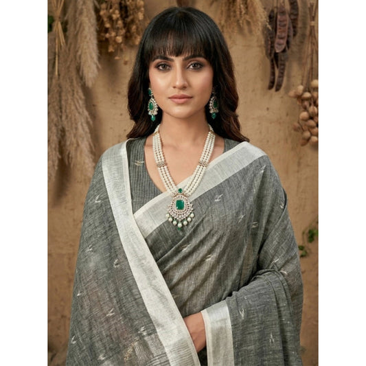 Women's Gray Linen Cotton Printed Saree with Unstitched Blouse – 5.5 Mtr