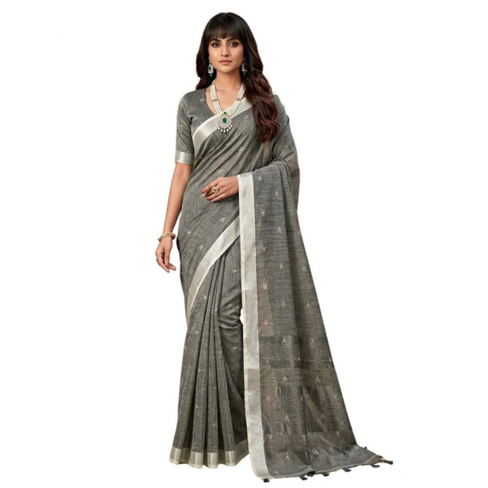 Women's Gray Linen Cotton Printed Saree with Unstitched Blouse – 5.5 Mtr