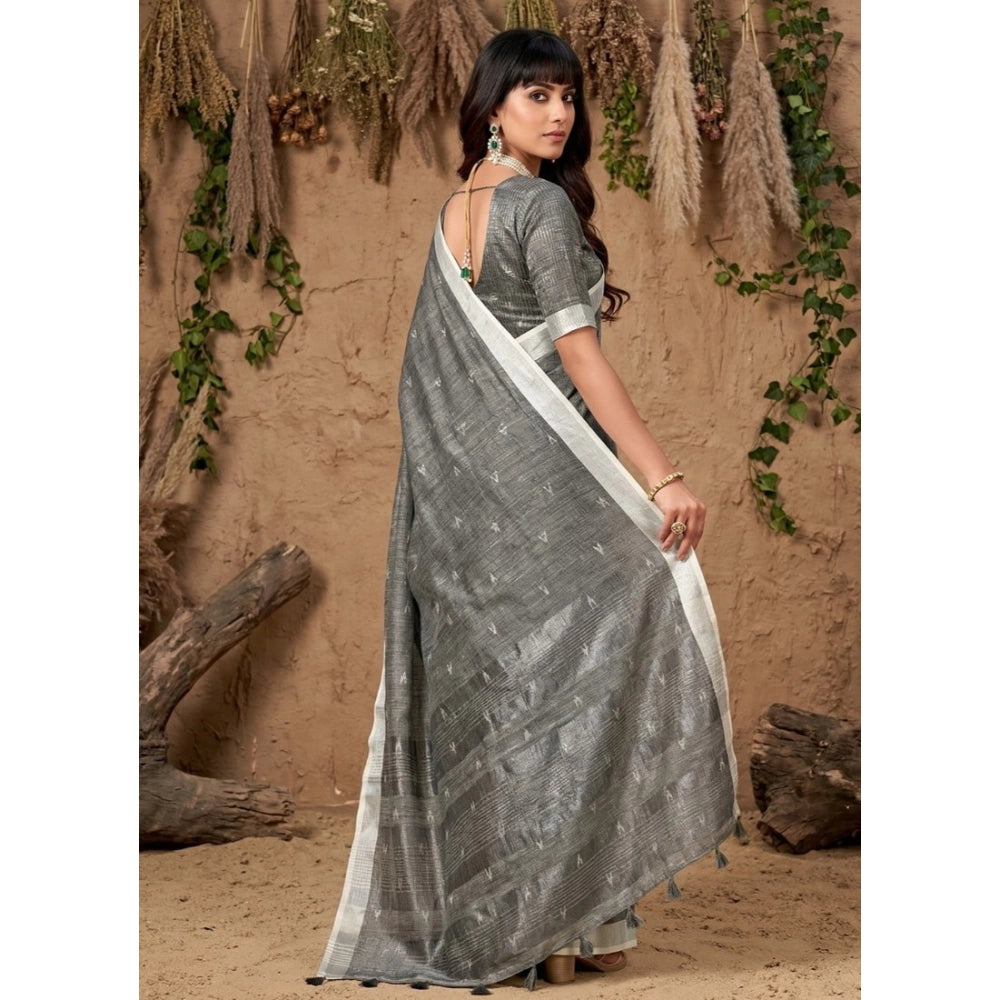 Women's Gray Linen Cotton Printed Saree with Unstitched Blouse – 5.5 Mtr