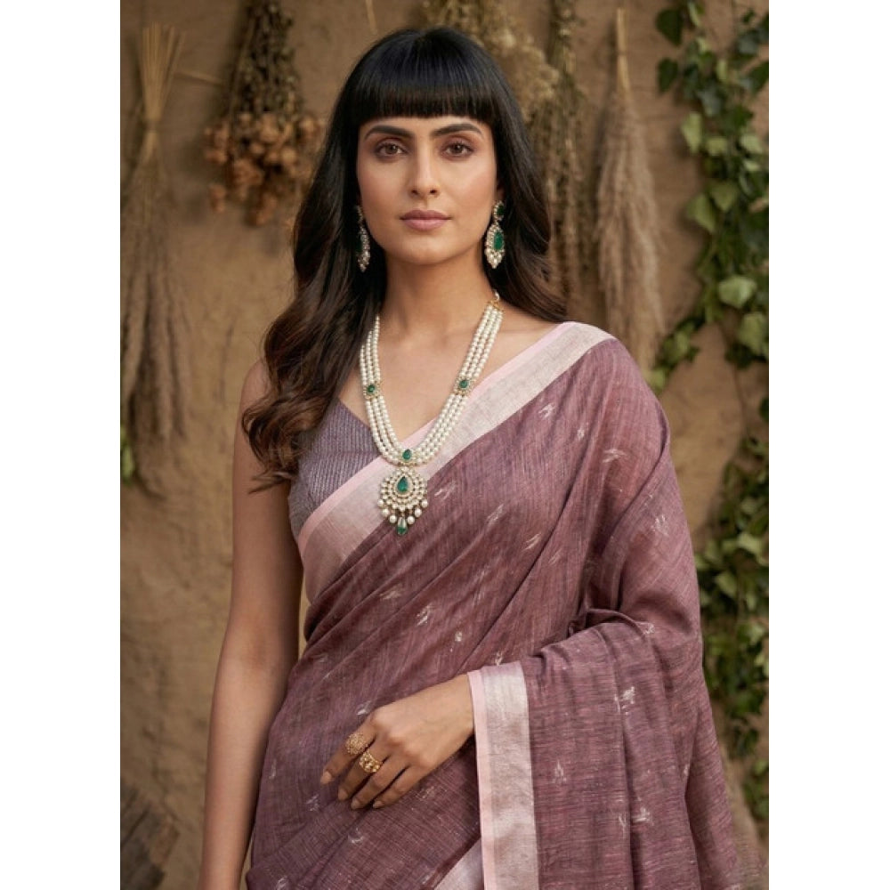 Women's Purple Linen Cotton Printed Saree with Unstitched Blouse – 5.5 Mtr