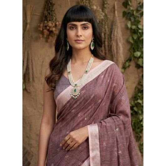 Women's Purple Linen Cotton Printed Saree with Unstitched Blouse – 5.5 Mtr