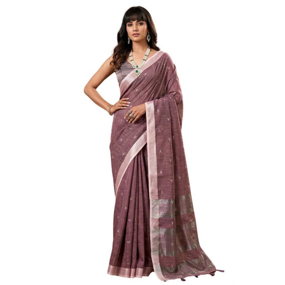 Women's Purple Linen Cotton Printed Saree with Unstitched Blouse – 5.5 Mtr