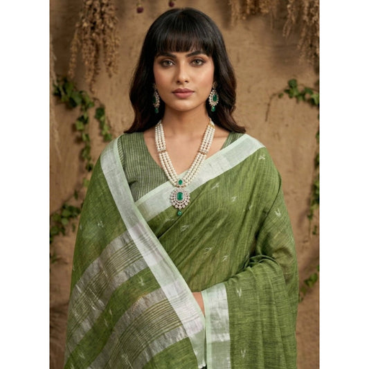 Women's Green Linen Cotton Printed Saree with Unstitched Blouse – 5.5 Mtr
