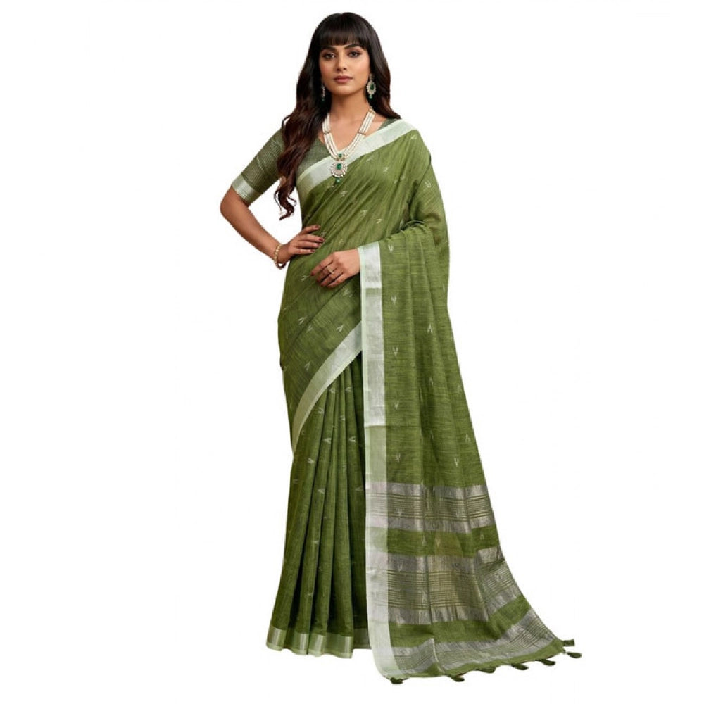 Women's Green Linen Cotton Printed Saree with Unstitched Blouse – 5.5 Mtr