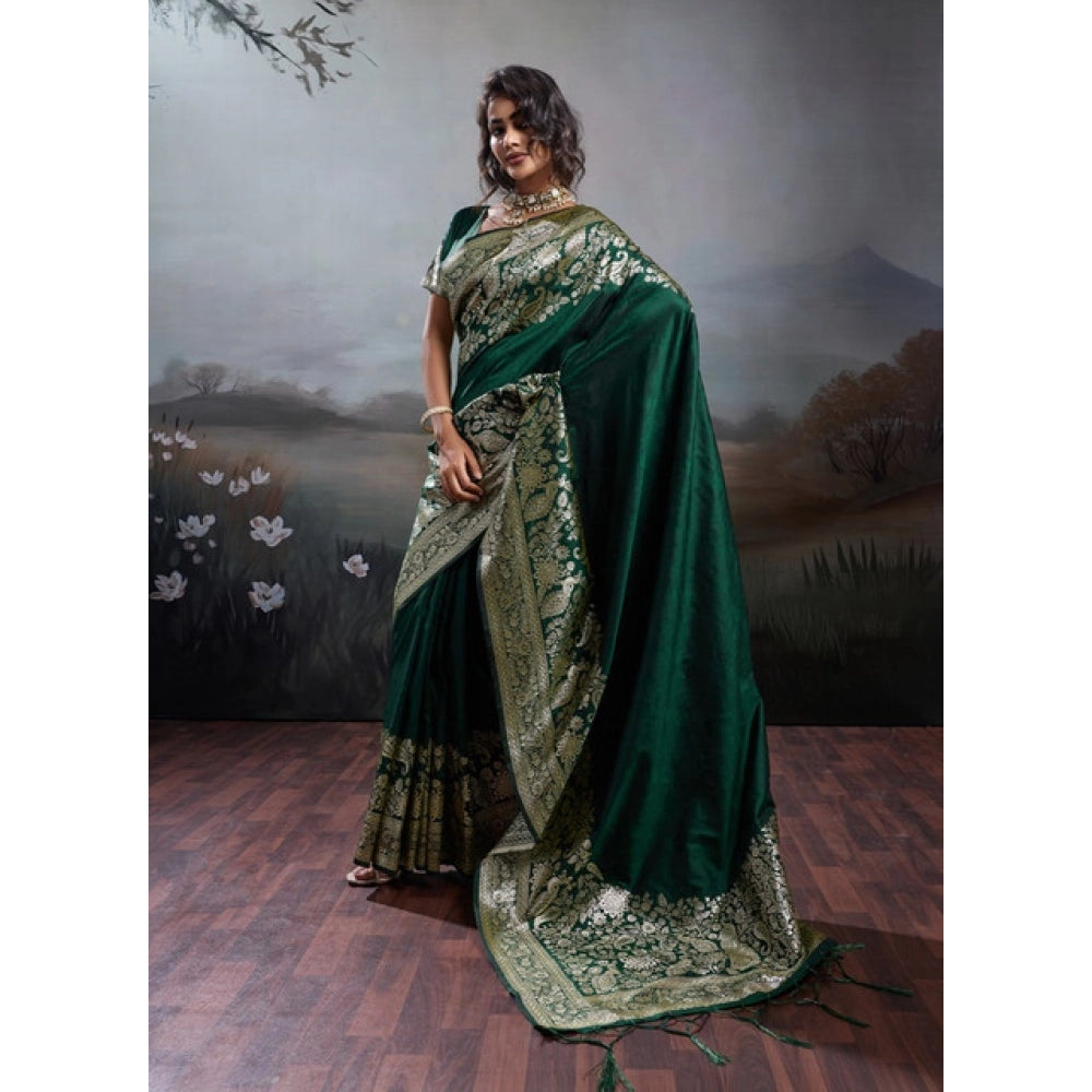 Women's Dark Green Silk Blend Printed Saree with Unstitched Blouse – 5.5 Mtr