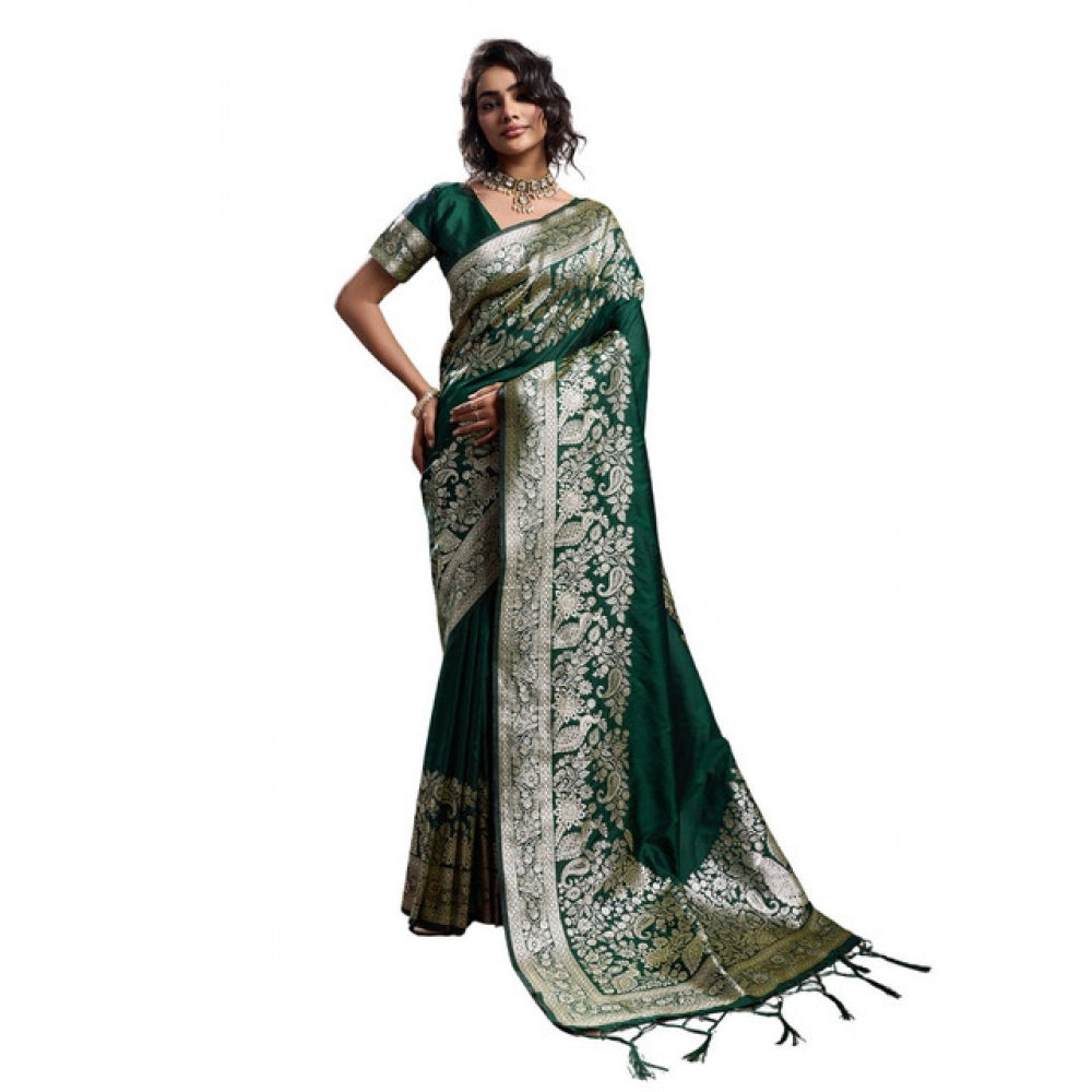 Women's Dark Green Silk Blend Printed Saree with Unstitched Blouse – 5.5 Mtr