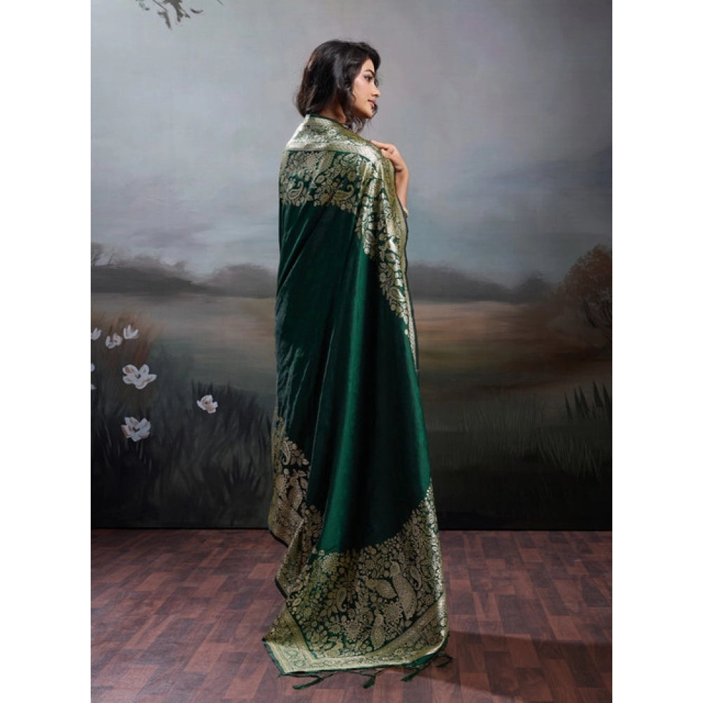 Women's Dark Green Silk Blend Printed Saree with Unstitched Blouse – 5.5 Mtr