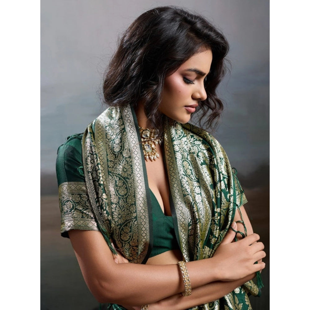 Women's Dark Green Silk Blend Printed Saree with Unstitched Blouse – 5.5 Mtr