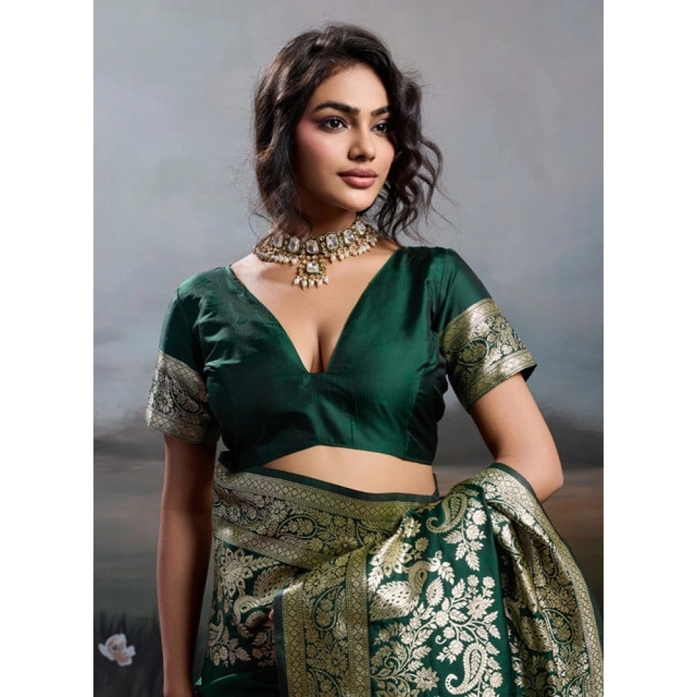 Women's Dark Green Silk Blend Printed Saree with Unstitched Blouse – 5.5 Mtr