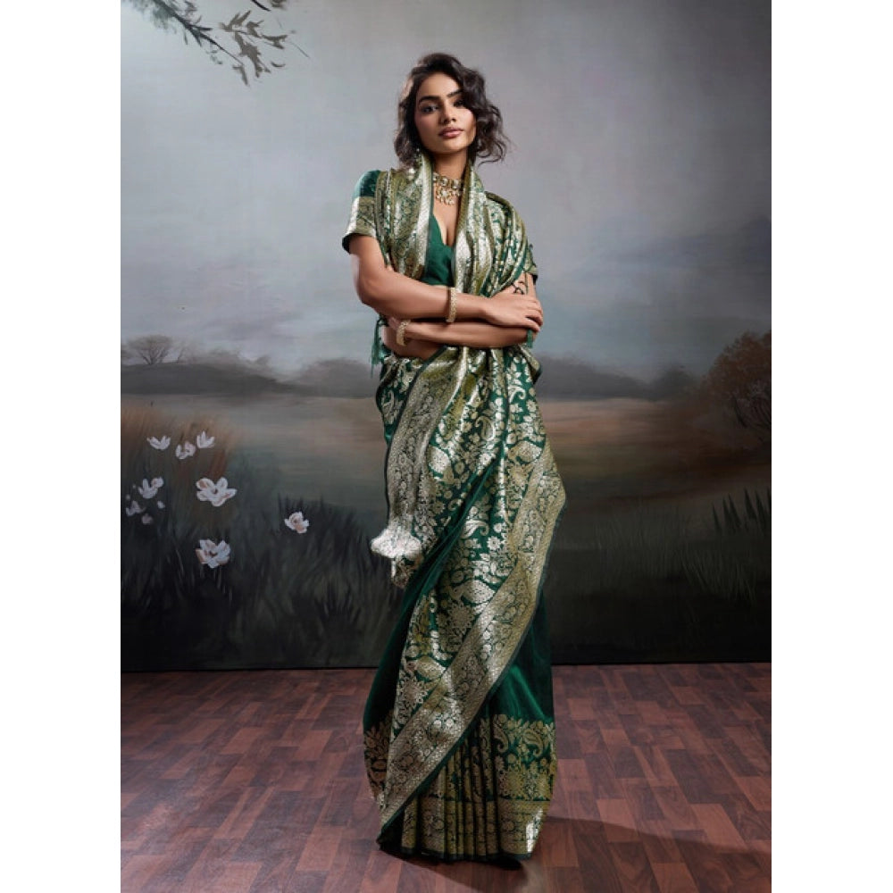 Women's Dark Green Silk Blend Printed Saree with Unstitched Blouse – 5.5 Mtr