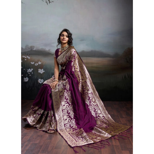 Women's Wine Silk Blend Printed Saree with Unstitched Blouse – 5.5 Mtr