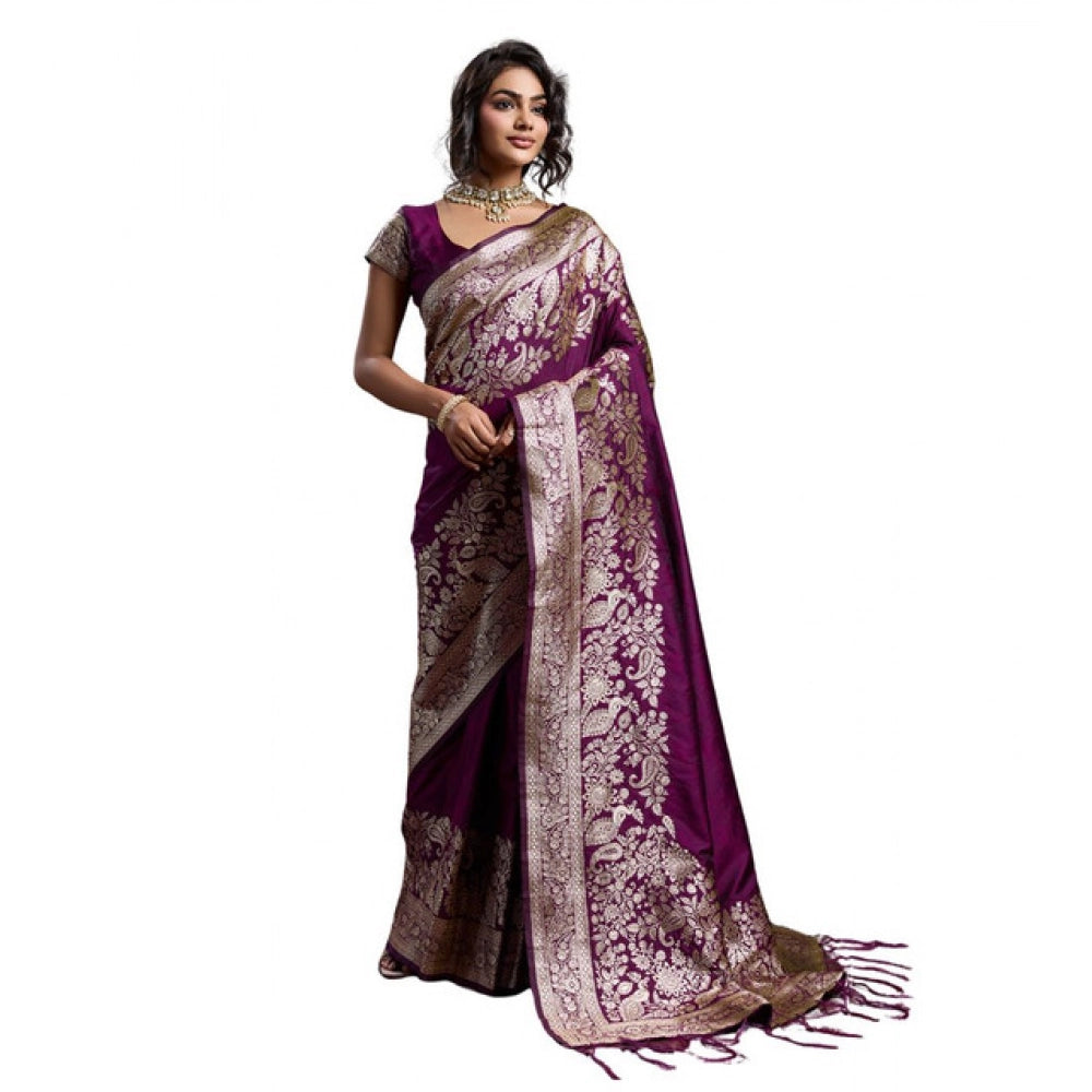 Women's Wine Silk Blend Printed Saree with Unstitched Blouse – 5.5 Mtr