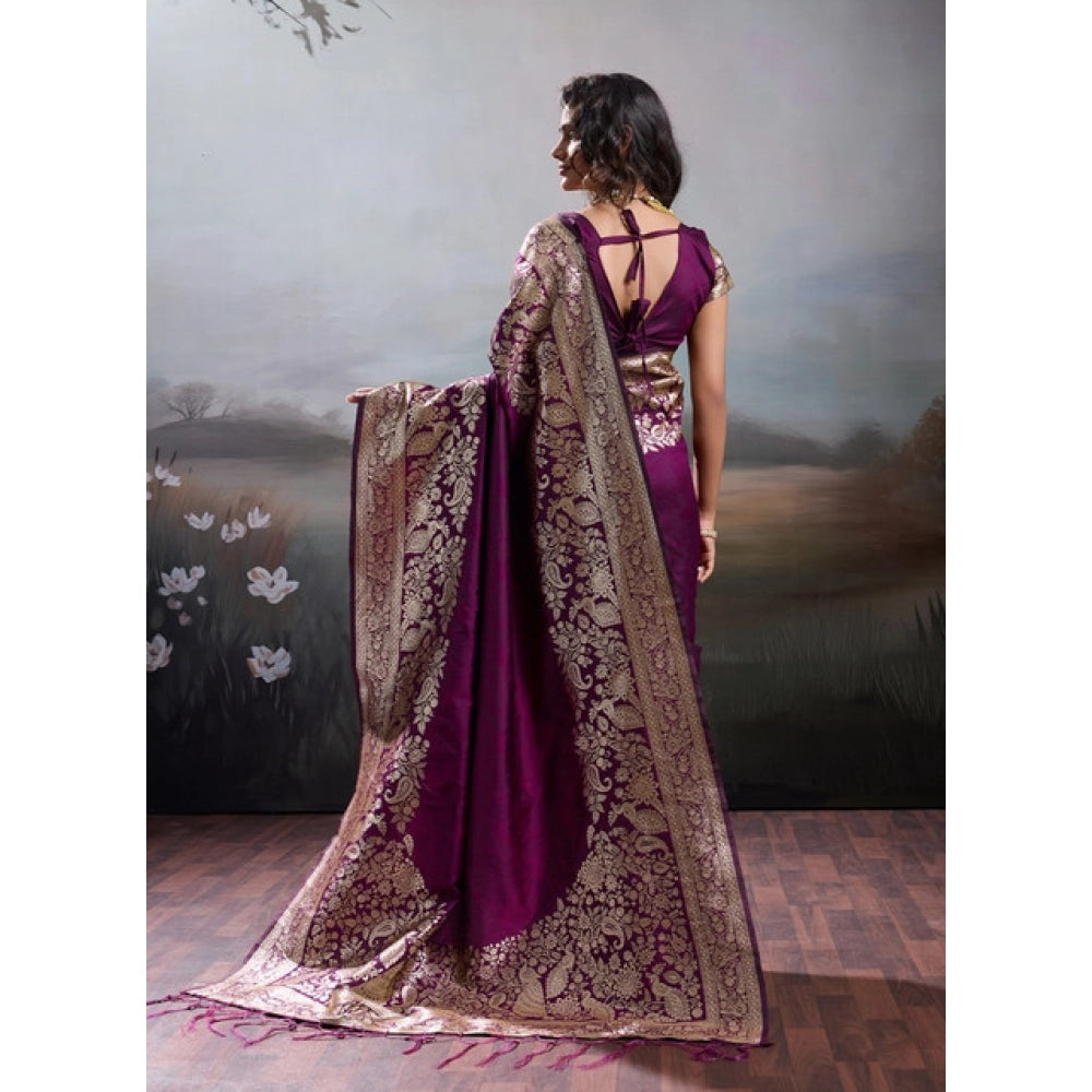 Women's Wine Silk Blend Printed Saree with Unstitched Blouse – 5.5 Mtr