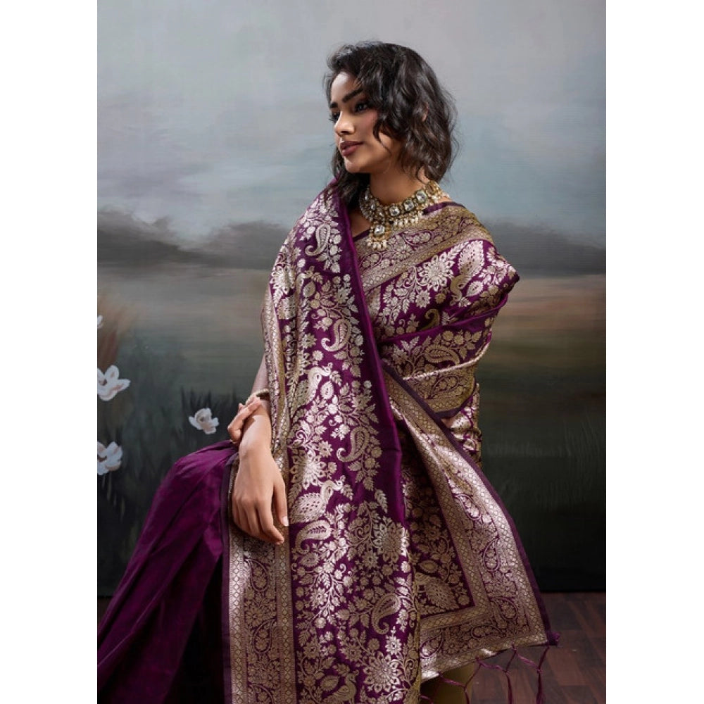 Women's Wine Silk Blend Printed Saree with Unstitched Blouse – 5.5 Mtr
