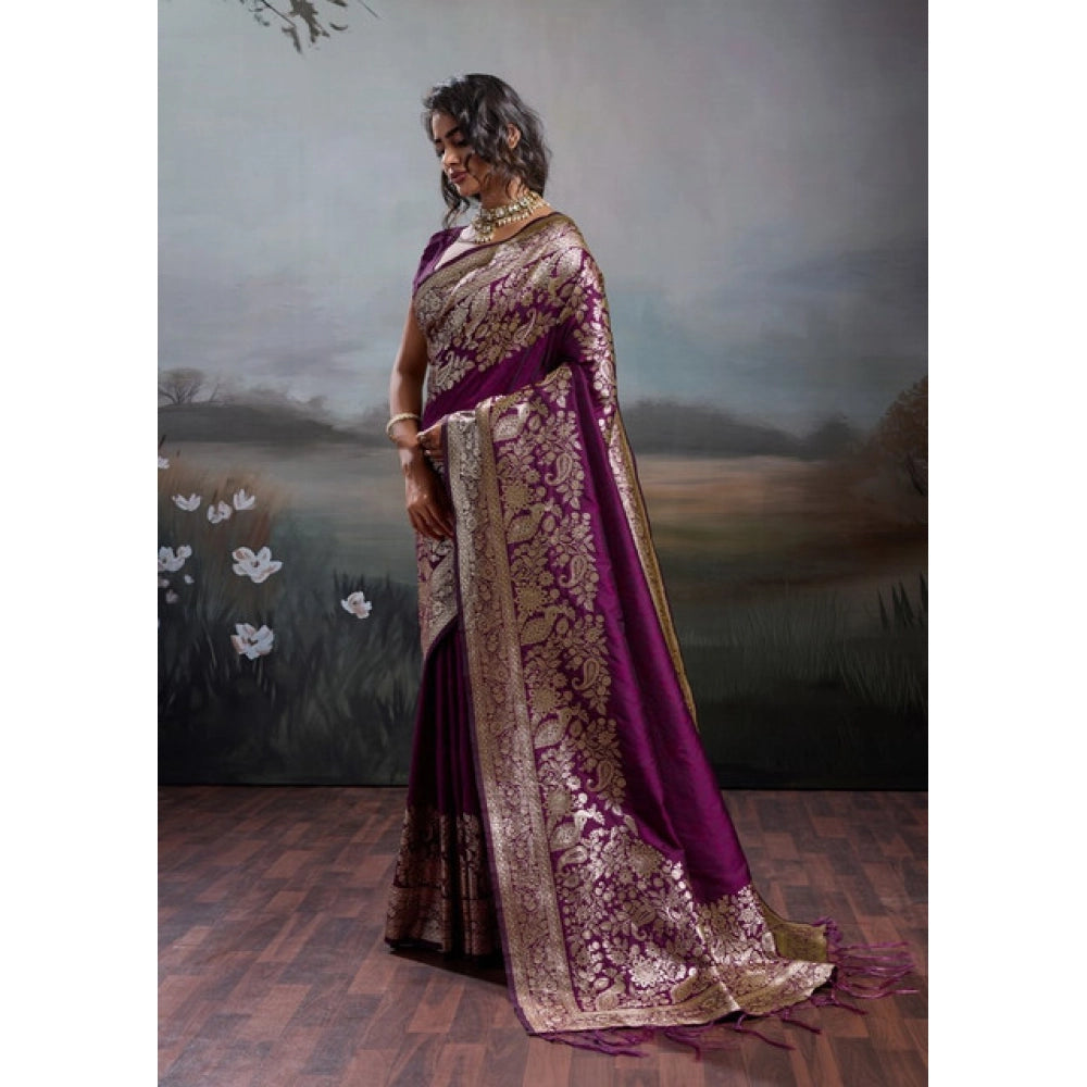 Women's Wine Silk Blend Printed Saree with Unstitched Blouse – 5.5 Mtr