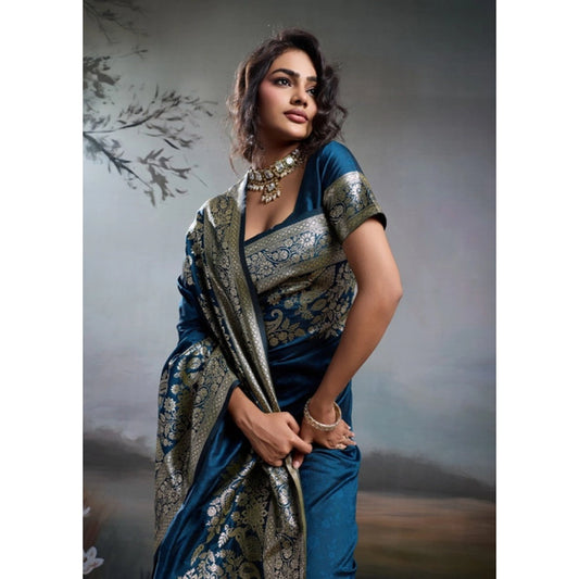 Women's Navy Blue Silk Blend Printed Saree with Unstitched Blouse – 5.5 Mtr