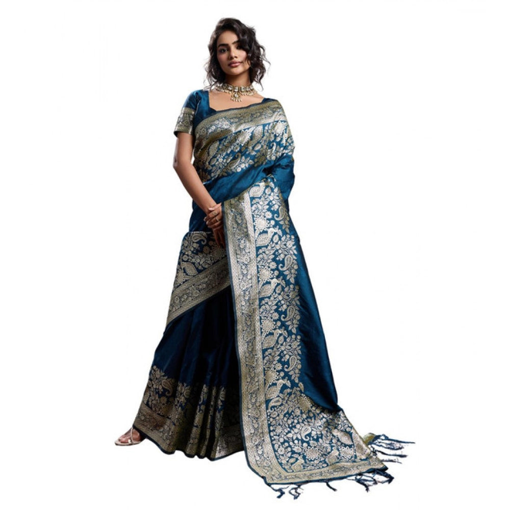 Women's Navy Blue Silk Blend Printed Saree with Unstitched Blouse – 5.5 Mtr