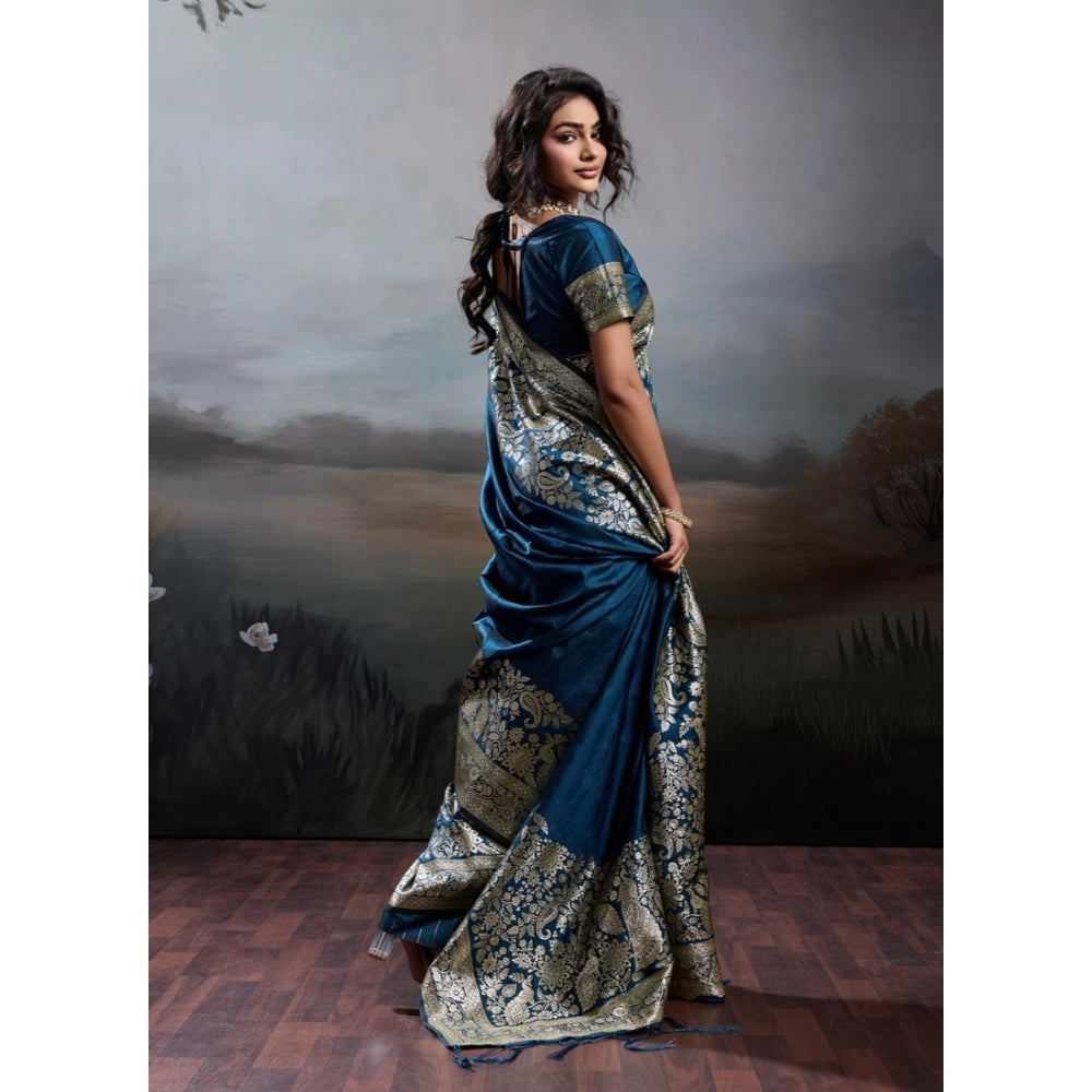 Women's Navy Blue Silk Blend Printed Saree with Unstitched Blouse – 5.5 Mtr