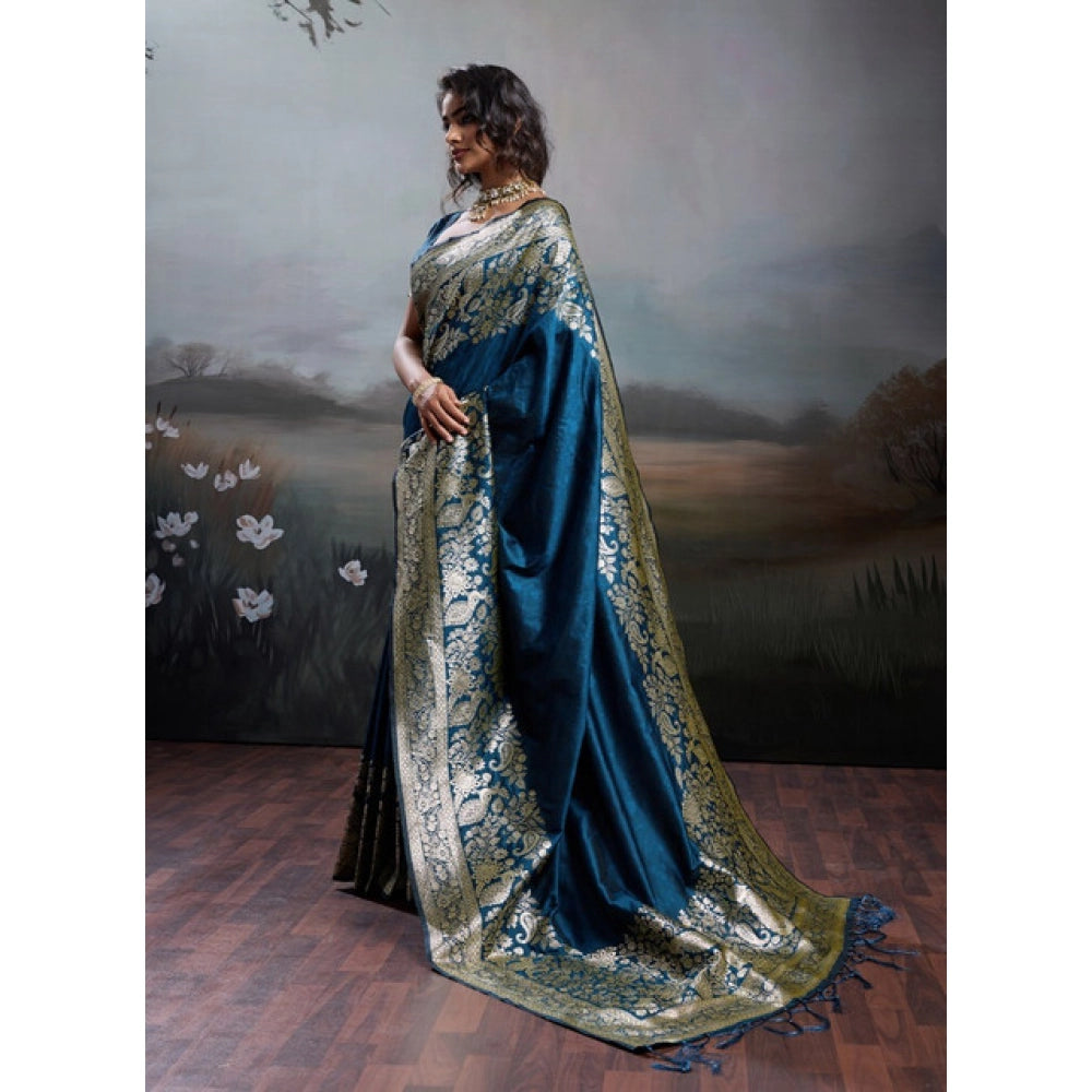 Women's Navy Blue Silk Blend Printed Saree with Unstitched Blouse – 5.5 Mtr