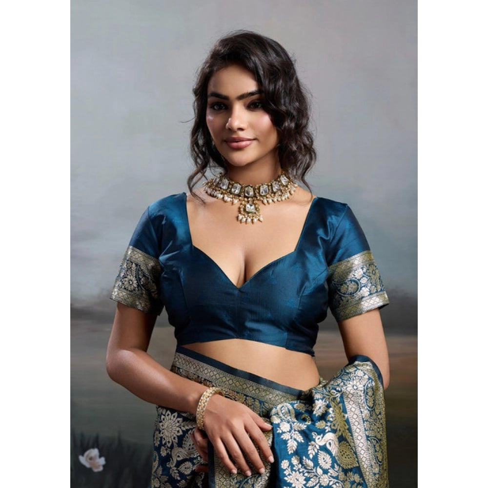 Women's Navy Blue Silk Blend Printed Saree with Unstitched Blouse – 5.5 Mtr