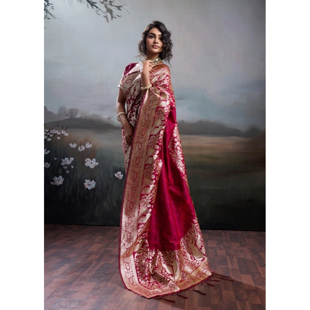 Women's Maroon Silk Blend Printed Saree with Unstitched Blouse – 5.5 Mtr