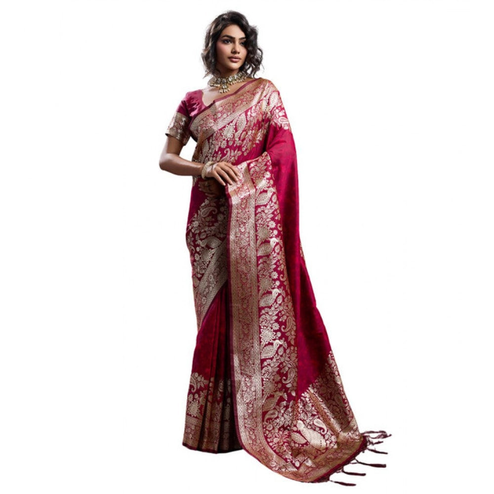 Women's Maroon Silk Blend Printed Saree with Unstitched Blouse – 5.5 Mtr