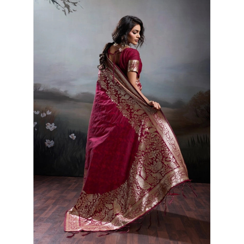 Women's Maroon Silk Blend Printed Saree with Unstitched Blouse – 5.5 Mtr