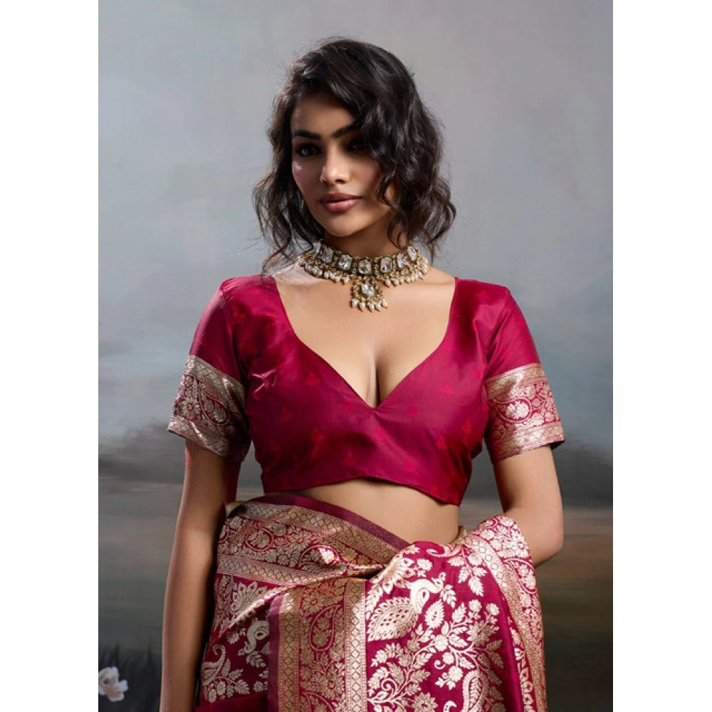 Women's Maroon Silk Blend Printed Saree with Unstitched Blouse – 5.5 Mtr