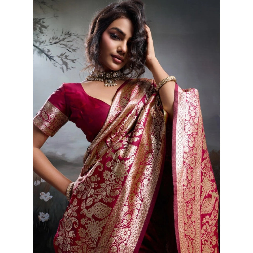 Women's Maroon Silk Blend Printed Saree with Unstitched Blouse – 5.5 Mtr