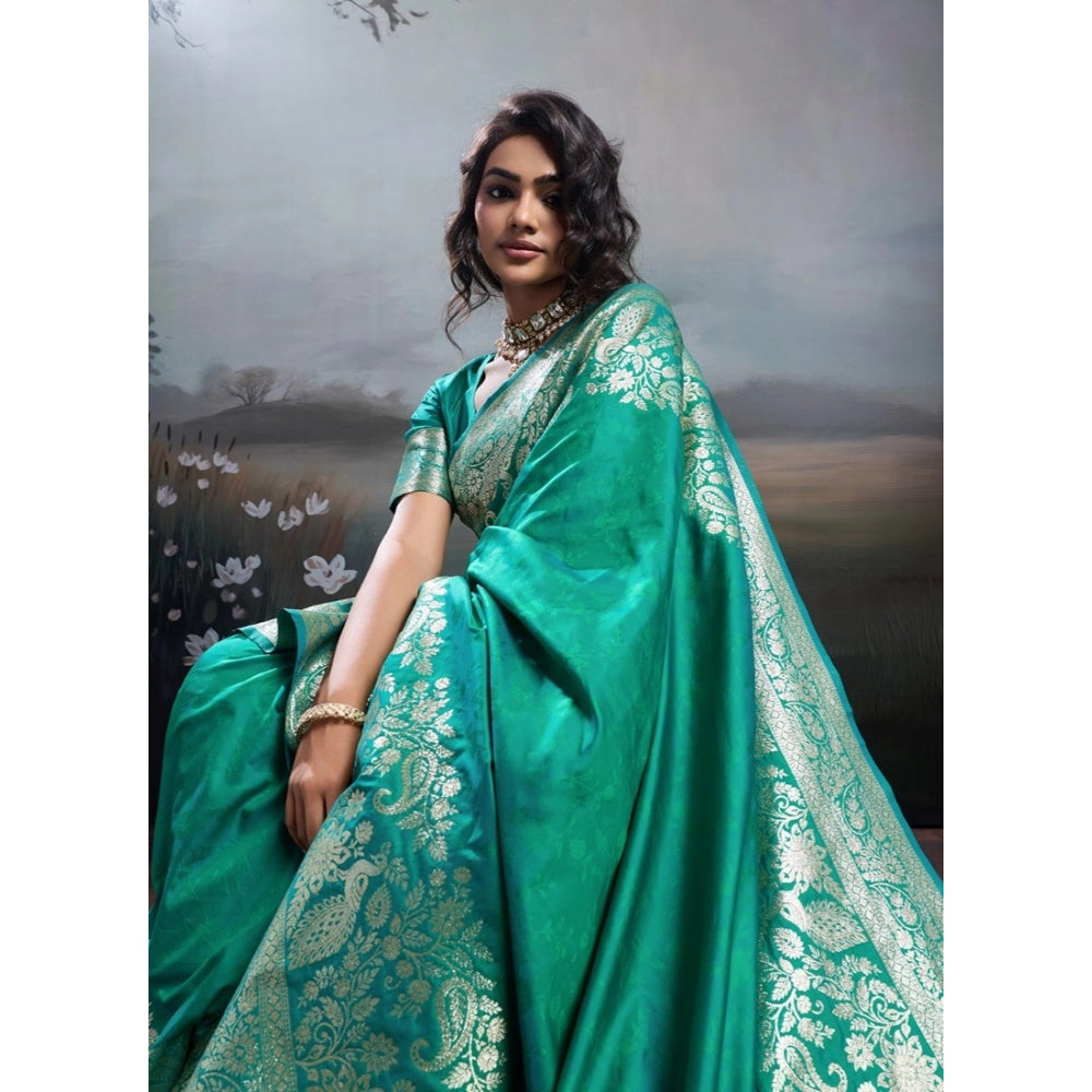 Women's Teal Green Silk Blend Printed Saree with Unstitched Blouse – 5.5 Mtr