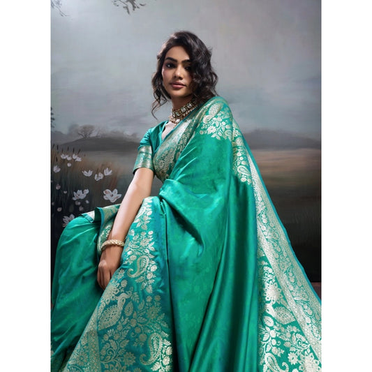 Women's Teal Green Silk Blend Printed Saree with Unstitched Blouse – 5.5 Mtr