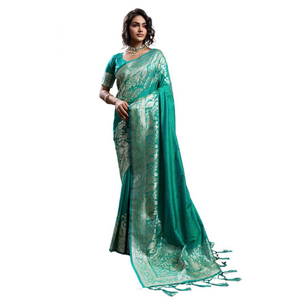 Women's Teal Green Silk Blend Printed Saree with Unstitched Blouse – 5.5 Mtr