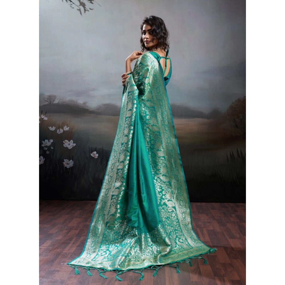 Women's Teal Green Silk Blend Printed Saree with Unstitched Blouse – 5.5 Mtr