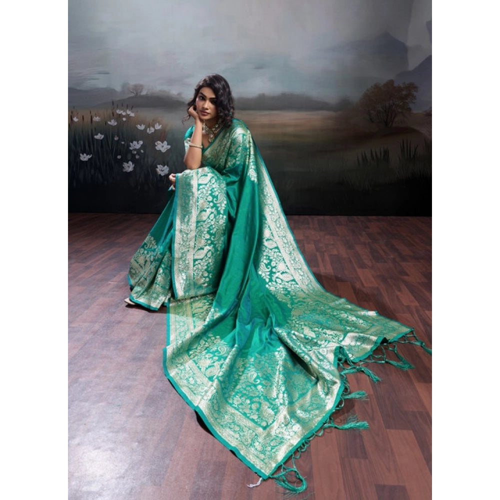 Women's Teal Green Silk Blend Printed Saree with Unstitched Blouse – 5.5 Mtr