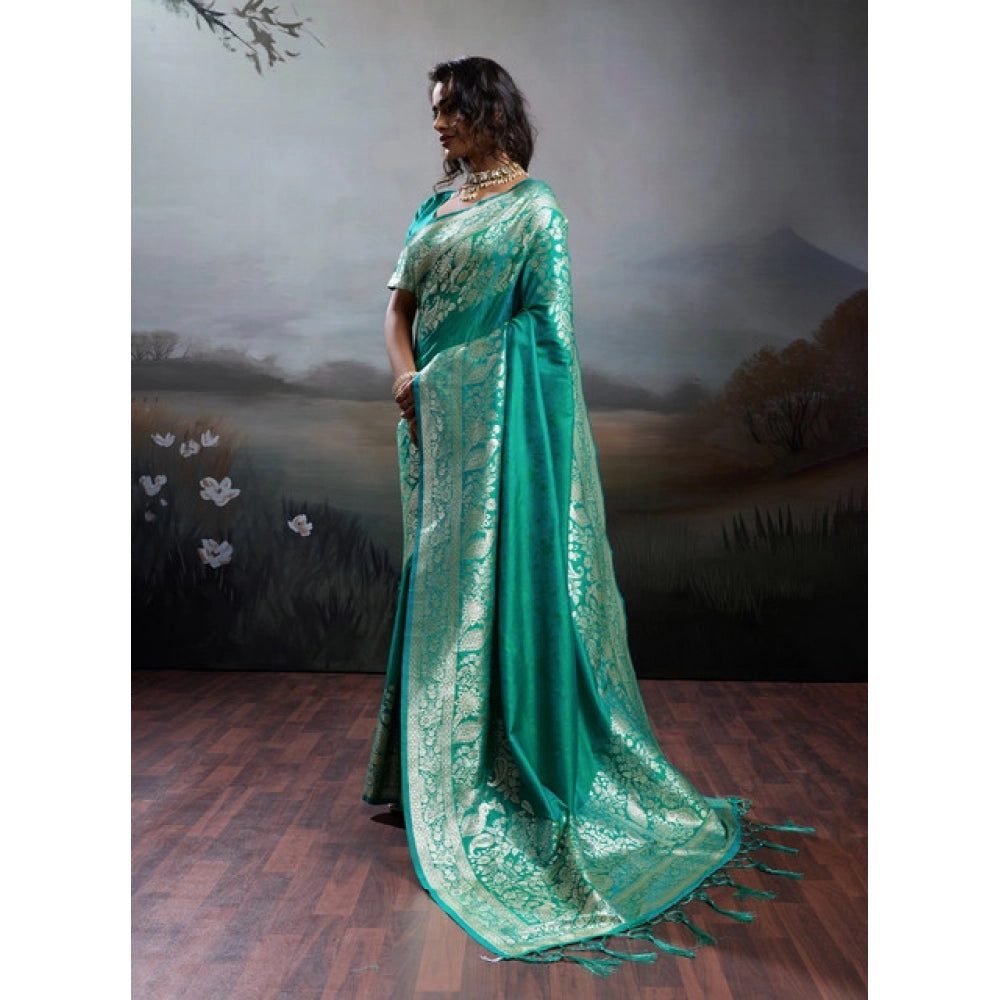 Women's Teal Green Silk Blend Printed Saree with Unstitched Blouse – 5.5 Mtr