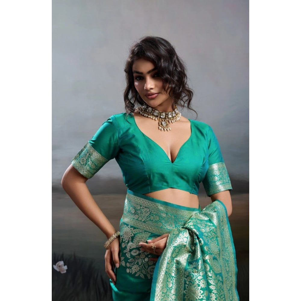 Women's Teal Green Silk Blend Printed Saree with Unstitched Blouse – 5.5 Mtr