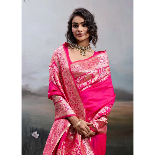Women's Pink Silk Blend Printed Saree with Unstitched Blouse – 5.5 Mtr