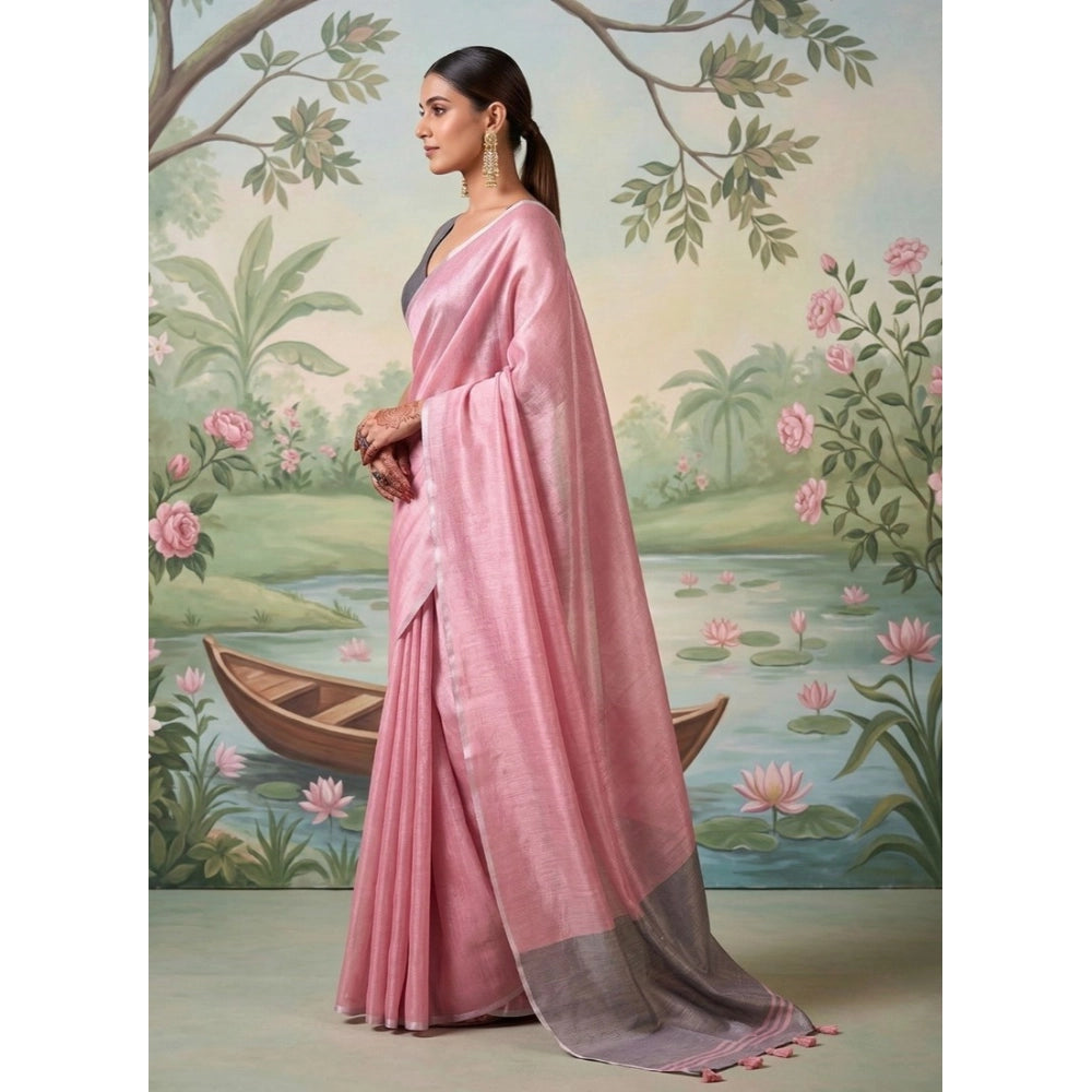 Women's Baby Pink Tissue Silk Solid Saree with Unstitched Blouse – 5.5 Mtr