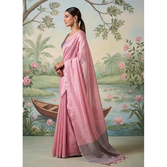 Women's Baby Pink Tissue Silk Solid Saree with Unstitched Blouse – 5.5 Mtr